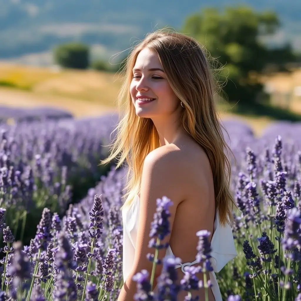 A woman in a sunlit lavender field, representing the inspiration for ScentSphere