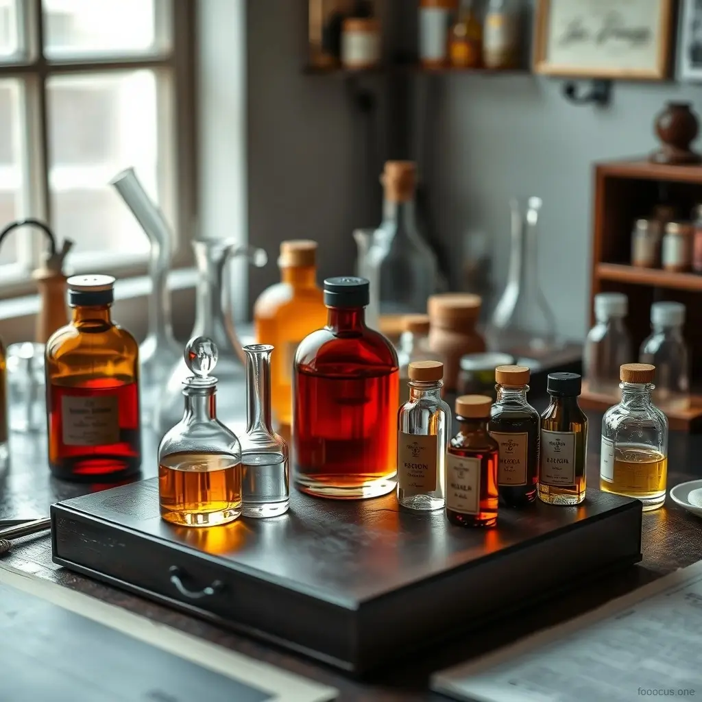 A perfumer's desk with beakers and vials, suggesting artistry and creation